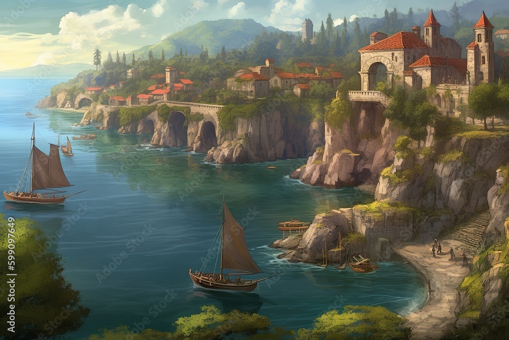 Poster a picture of a castle perched on the edge of a cliff with a view of a body of water generative ai
