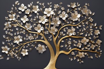 decorative tree with white flowers on a grey background Generative AI