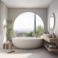 Bathroom interior with bathtub, panoramic window with countryside view, sink, round mirror, podium, white walls, vase with houseplant, concrete tile floor, towel. generative AI