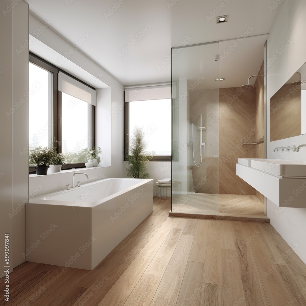 Canvas Prints Modern bathroom corner with white walls, wooden floor, cozy bathtub, shower cubicle, and double sink. generative AI