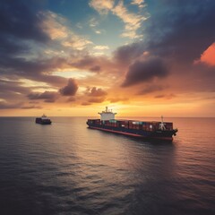 Import and export container cargo logistics A huge ship in the ocean at sunset. generative AI