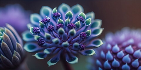Makro-Nahaufnahme einer sukkulenten Pflanze mit lila und blauen Blüten mit KI erstellt 