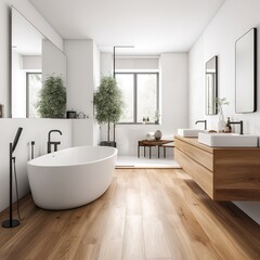 Obraz na płótnie Canvas Corner of modern bathroom with white walls, wooden floor, comfortable bathtub, shower stall and double sink. generative AI