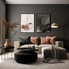 interior of living room with design modular sofa, black coffee table, lamp, decoration, art paintings, pouf, windows and elegant personal accessories in modern home decor. generative AI