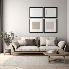 Mockup of the inside of a modern and contemporary home's living area, with a sofa, coffee table, and blank frames. generative AI