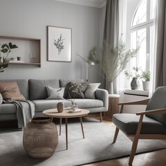 Interior design of a bright living room with a comfortable grey sofa, armchair, and coffee table. generative AI
