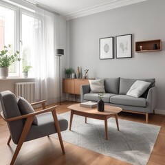 Interior of bright living room with cozy grey sofa, armchair and coffee table. generative AI