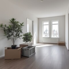Interior of a new house or apartment. A white and light gray living room with unpacked cardboard boxes, a green plant, and laminate flooring. . generative AI