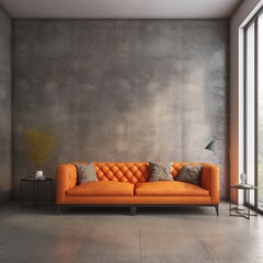 Interior design of a loft with a leather recliner against a dark cement wall. generative ai