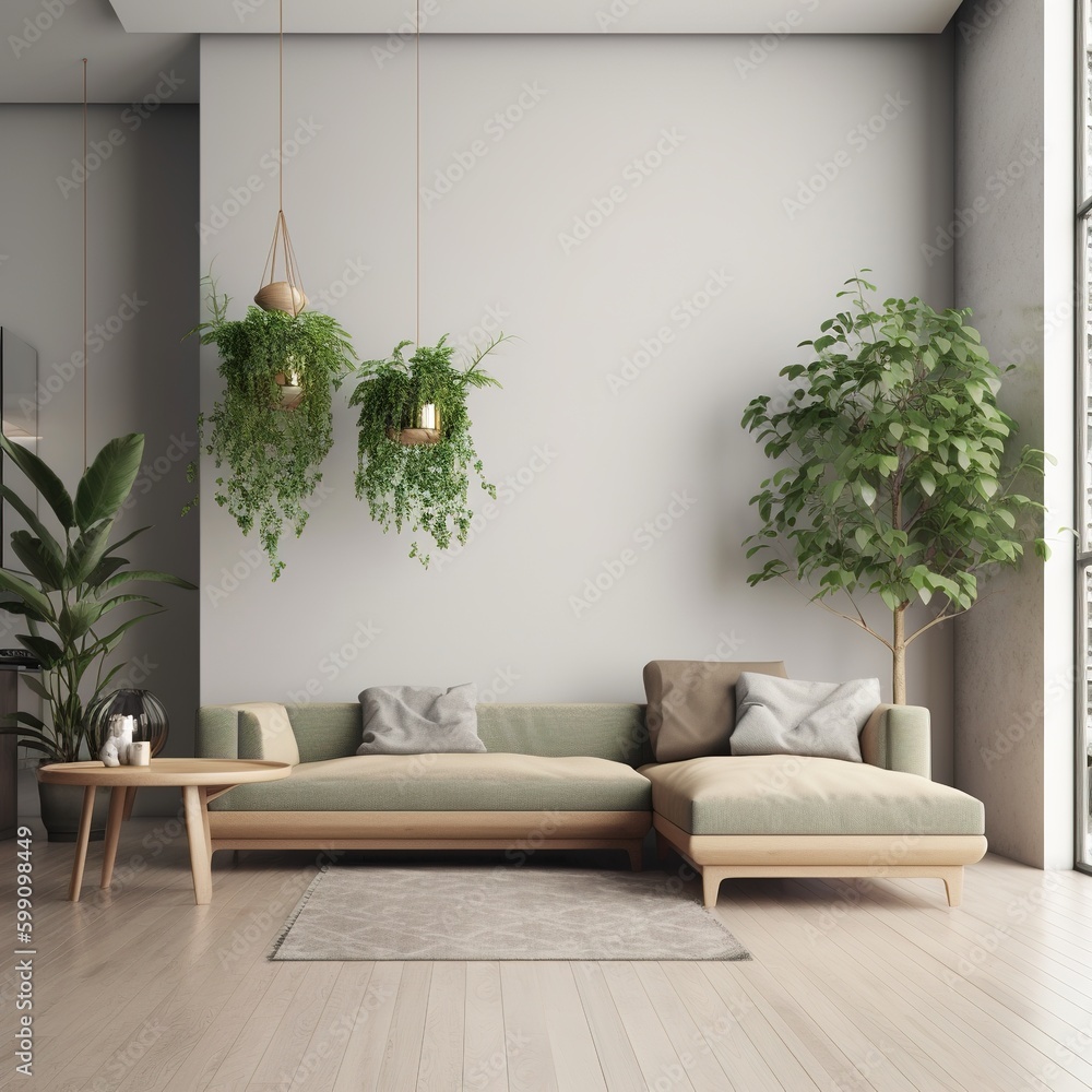 Poster Modern room design, plants and sofa furniture, minimalist decor. generative AI