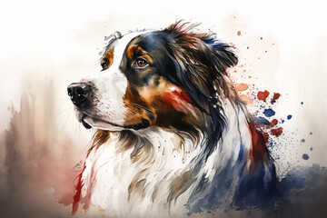Generative AI. Breton tricolor dog. Head and body of a companion dog in watercolor - obrazy, fototapety, plakaty