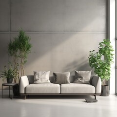 Modern room design, plants and sofa furniture, minimalist decor. generative AI