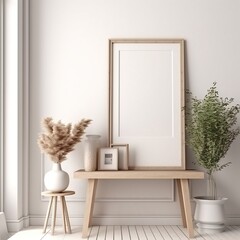 Fototapeta na wymiar Mock up frame in a beige room with a home interior background. generative AI