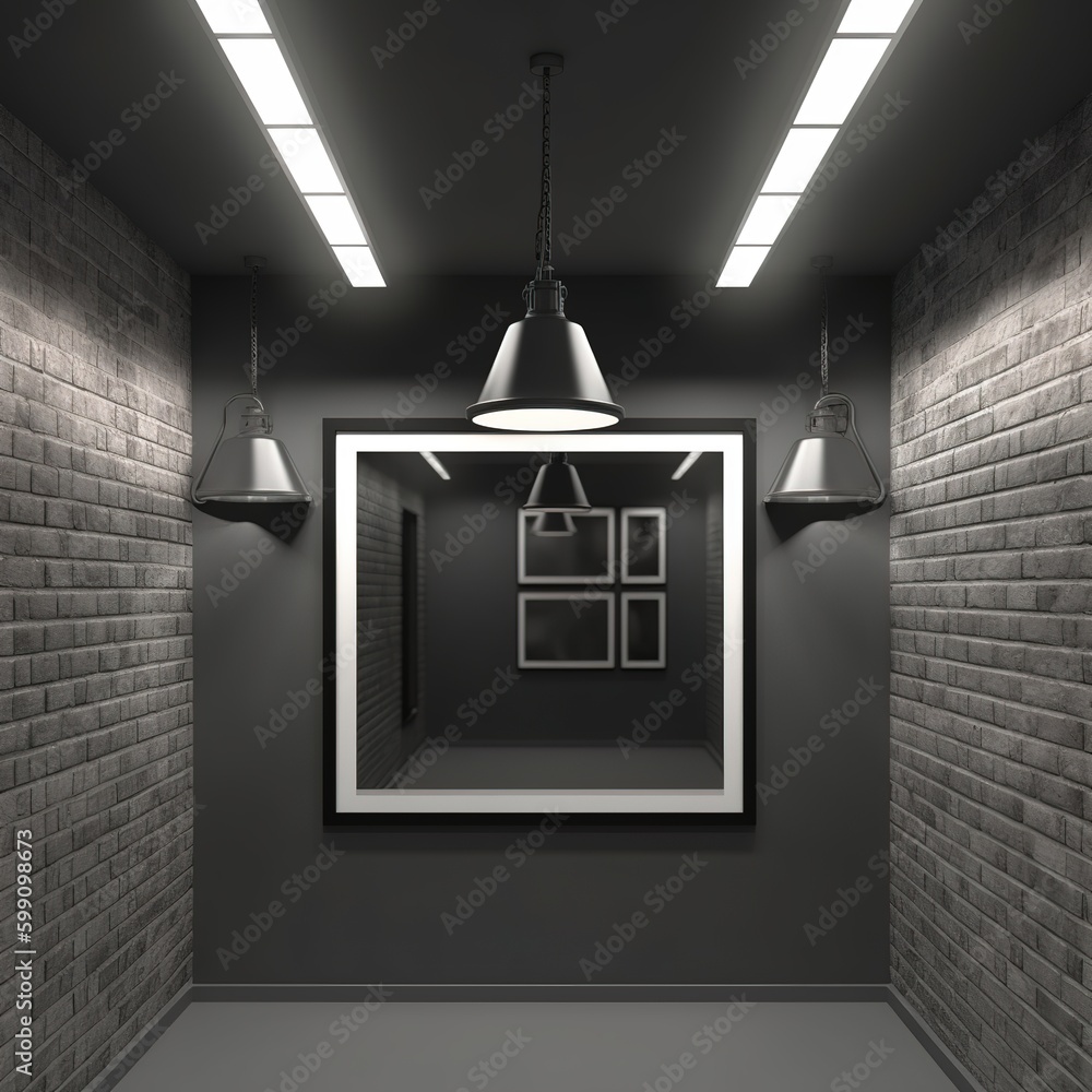 Poster mock-up of a black empty photo frame hanging in a gallery with spot lights on construction. generati