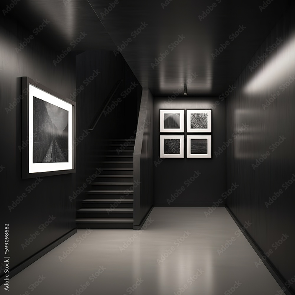 Poster picture of a mock-up of a black, empty photo frame hanging in a gallery with spotlights shining on t
