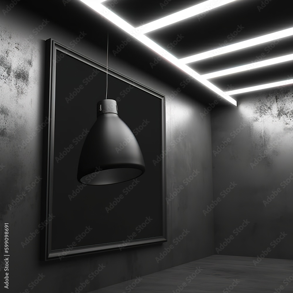 Poster mock-up of a black empty photo frame hanging in a gallery with spot lights on construction. generati