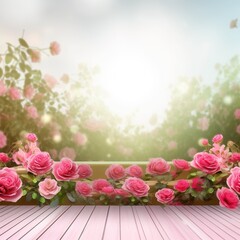Natural beauty platform with a field of spring roses as a backdrop. generative AI
