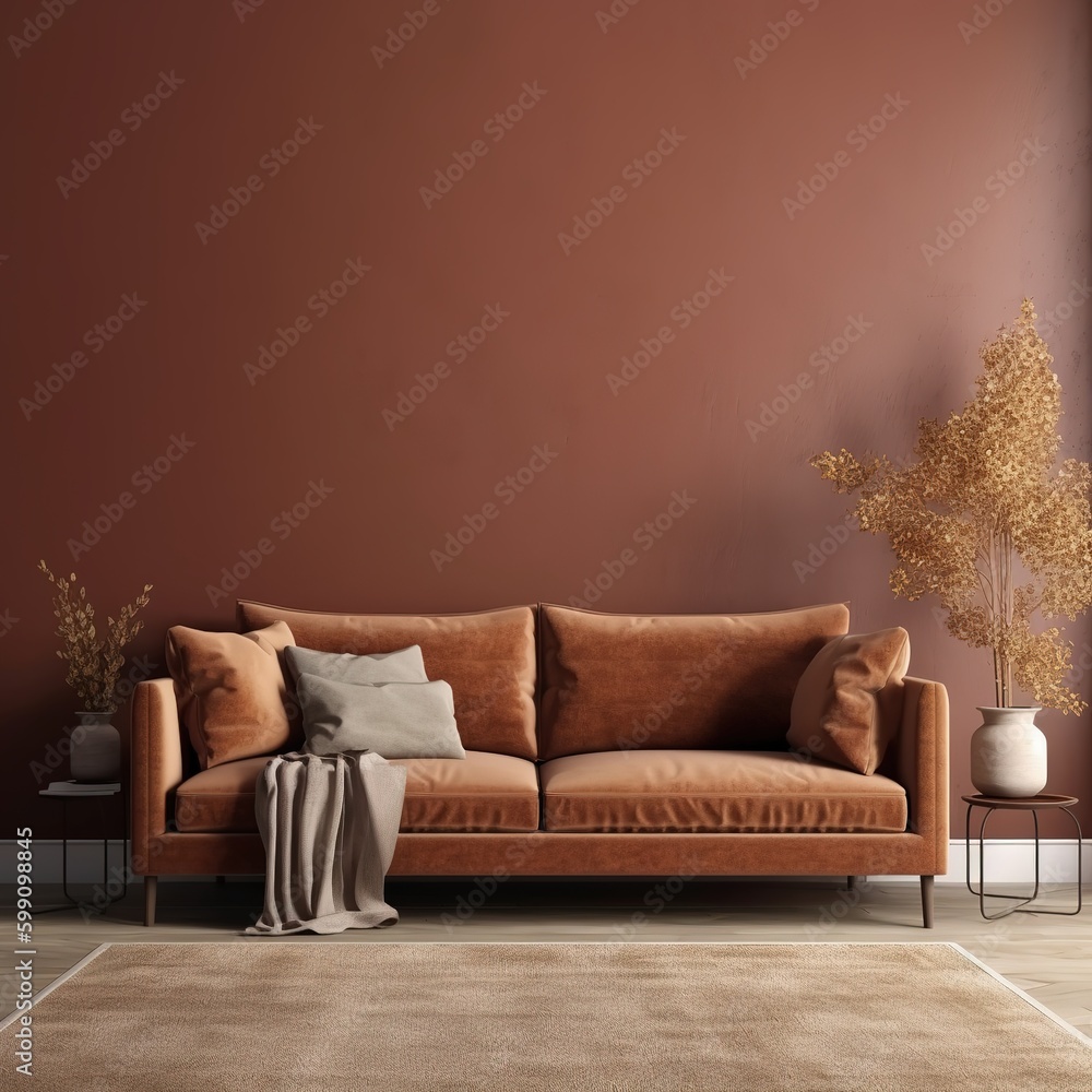 Poster Couch in a living room that is brown with no real space. generative AI