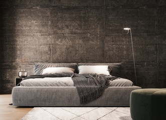 Modern minimalistic bedroom interior design with empty dirty concrete wall background 3D Rendering, 3D Illustration