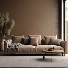 Sofa in brown living room interior with free space for mockup. generative AI