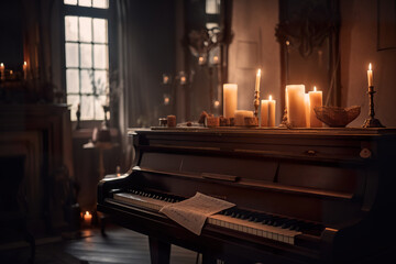 Fototapeta na wymiar A piano in a room with candles on it. AI generative Halloween display.