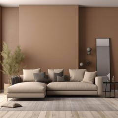 Sofa in brown living room interior with free space for mockup. generative AI
