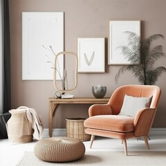 Modern minimalist apartment with an armchair against a blank white wall background. generative ai