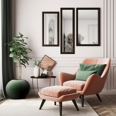 Interior decoration of a chic living room with a chair, a contemporary toilet, mock-up frames, and creative home decor. Template. Create a copy of the location. generative AI