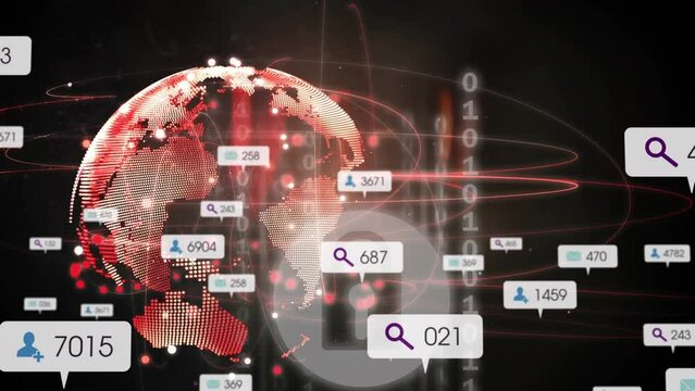 Animation of media icons and binary coding over globe