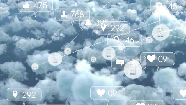 Animation of media icons and network of connections over clouds