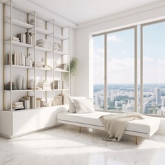 Fototapeta na wymiar Interior of white room with sofa and marble stand on light tile floor. A shelf with books and decorations, as well as a panoramic window with a view of the city. generative AI