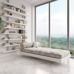 Interior of white room with sofa and marble stand on light tile floor. A shelf with books and decorations, as well as a panoramic window with a view of the city. generative AI