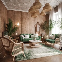 Living room made of wood with wallpaper, parquet, and a cane ceiling. White and green sofa, jute mat, and rattan armchairs. generative AI