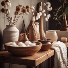 Bathroom with a wooden wash basin, a close-up of a wooden table, desk, or shelf with ceramic vases filled with cotton flowers. generative AI