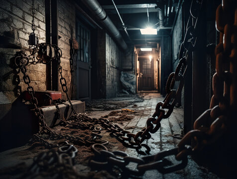 A room with a bunch of chains on the floor. AI generative.