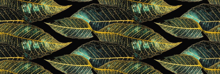 Macro texture of beautiful leaves in golden and green tones. AI generative illustration.