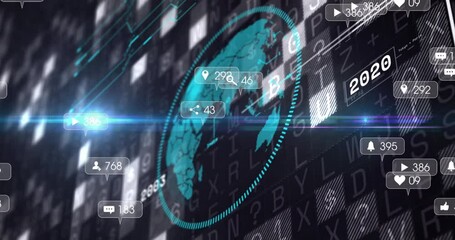 Animation of media icons and data processing over globe - Powered by Adobe