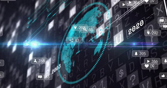 Animation of media icons and data processing over globe