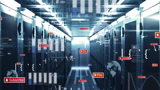 Animation of media icons and data processing over server room