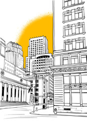 Urban landscape. Modern San Francisco. California, USA, Hand drawn sketch style. Urban sketch. Line art. Ink drawing. Vector illustration on white for postcards. Without people. Yellow sun background.