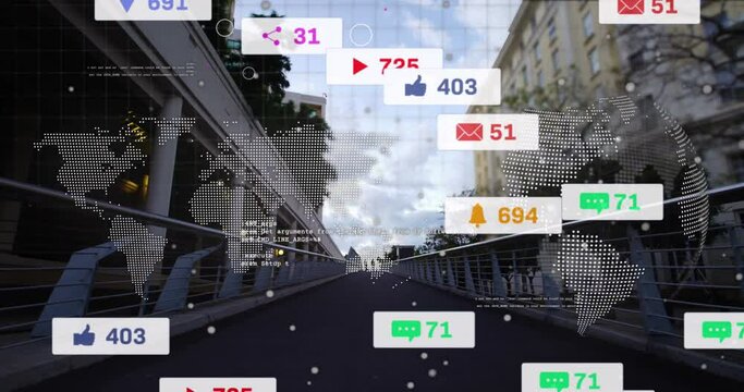 Animation of social media data processing over cityscape