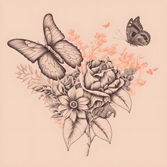 A vintage illustration Heart and butterfly, floral, sepia, sketch, drawing, Created with Generative AI