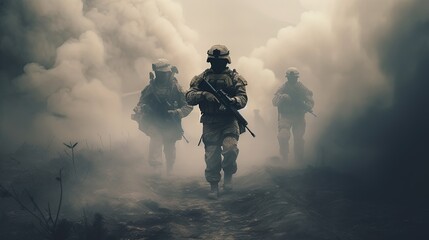 Obraz na płótnie Canvas soldiers with rifles on smoke, digital art illustration, Generative AI