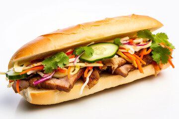 Banh Mi, Vietnamese sandwich made with a French baguette, pickled vegetables, meat and tasty sauce, AI generative