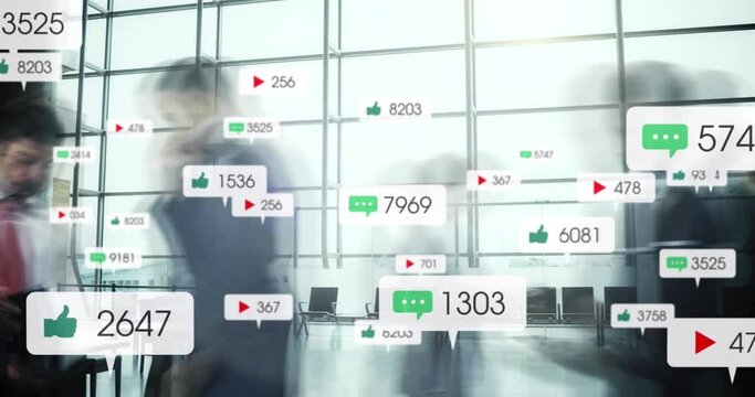 Animation of social media data processing over diverse business people in office