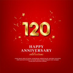120 years of golden numbers, anniversary celebrating text, and anniversary congratulation text with golden confetti spread on a red background