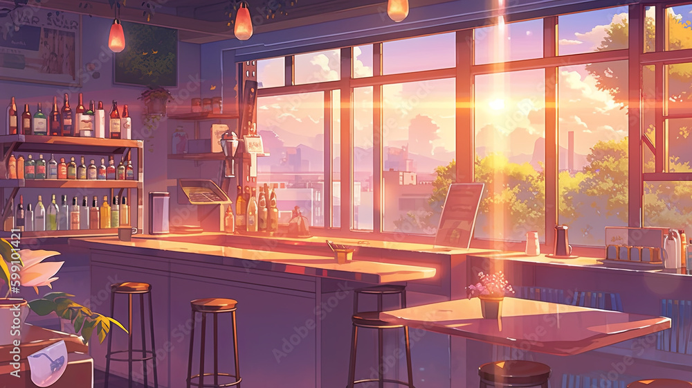 Poster a bar with a lot of stools next to it. ai generative.