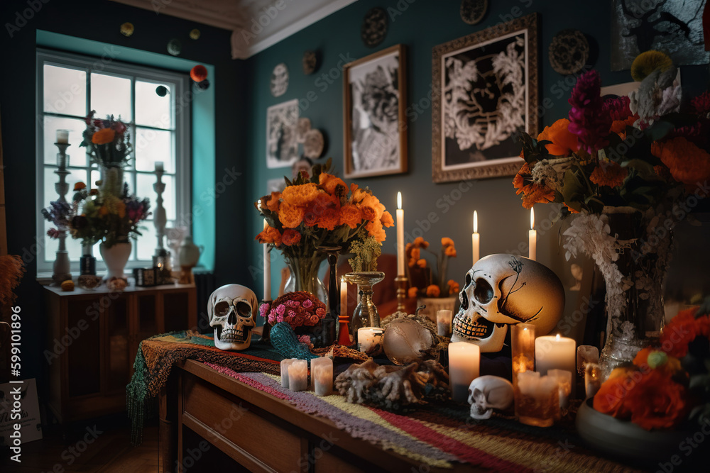 Aufkleber a table topped with candles and skulls on top of a table. ai generative.