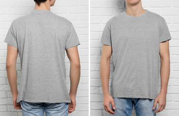 Man wearing grey t-shirt near white brick wall, back and front views. Mockup for design