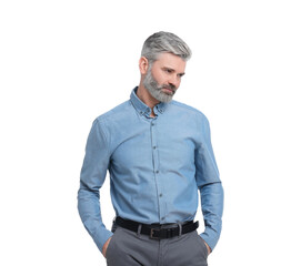Fototapeta premium Mature businessman in stylish clothes posing on white background